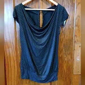 Express Cowl Neck Polkadot Open Back Short Sleeve Top SMALL Navy